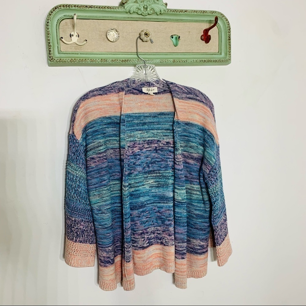 Style & Co Marled Knit crochet pastel spring open front cardigan sweater xs